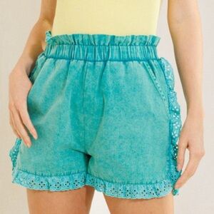 Oddi Turquoise Eyelet Trim Elastic-Waist Women’s Shorts